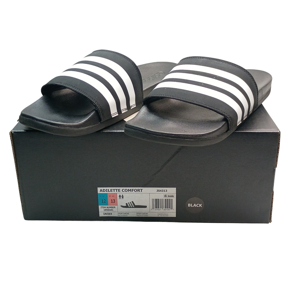 Adidas Adilette Comfort Slides Men Size 12 Black White 3-Stripe Sandals JS4313
